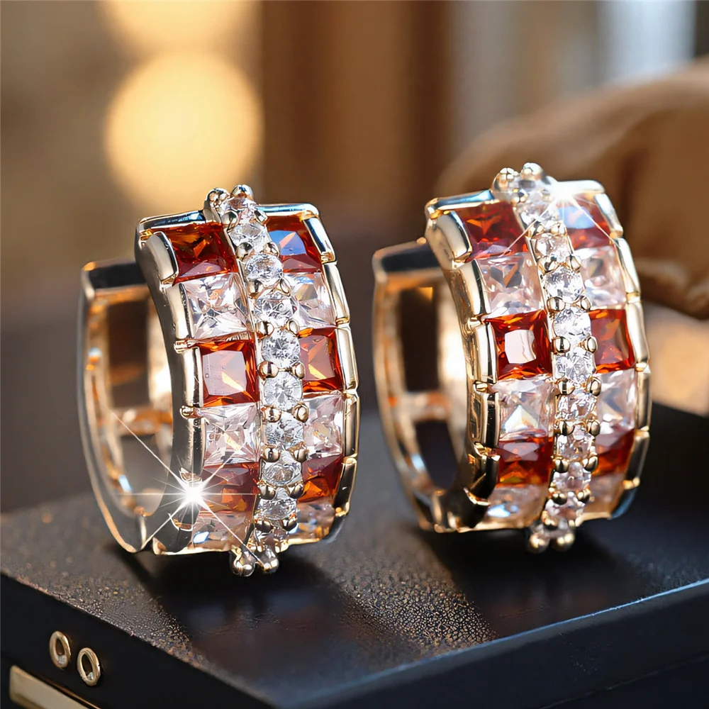 Luxuriöse Weiß-Rote Zirkon-Rundstein-Creolen für Damen Vintage Damenmode Goldfarben Hochzeitsschmuck