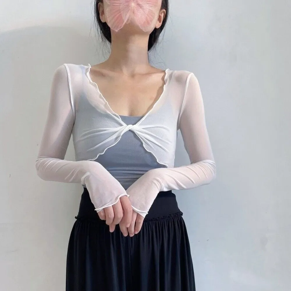 Semi See Through Dance Tops Long Sleeve Ruffled Edge Thin Tops Lightweight Ballet Cardigan Yoga Stage Performance Cardigan Women