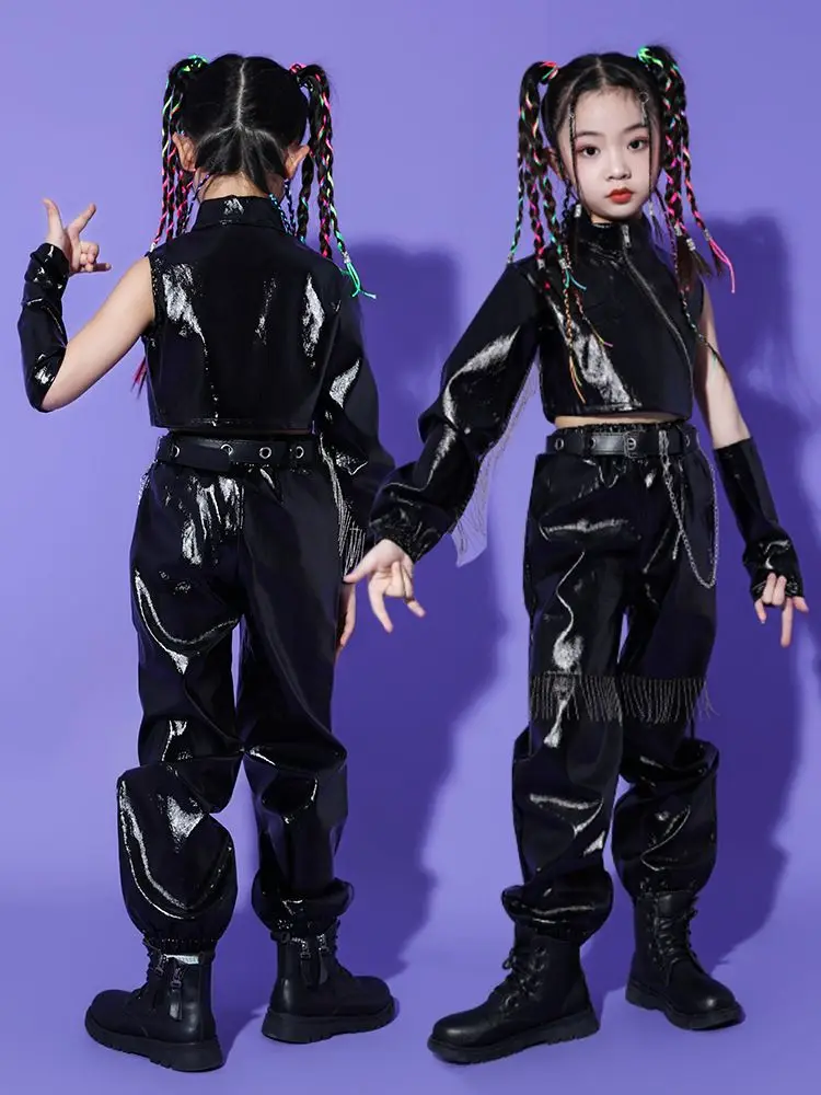 

Kid Cool Hip Hop Clothing Black PU Leather Zip up Motorcycle Crop Top Jacket Beads Pants for Girl Jazz Dance Costume Clothes Set