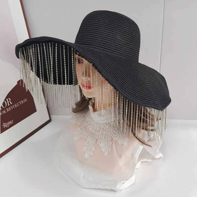 Women's Sun Hat Homemade Fashion Hepburn Fringe Rhinestone Straw Hat Party Travel Vintage Shading Hat Summer