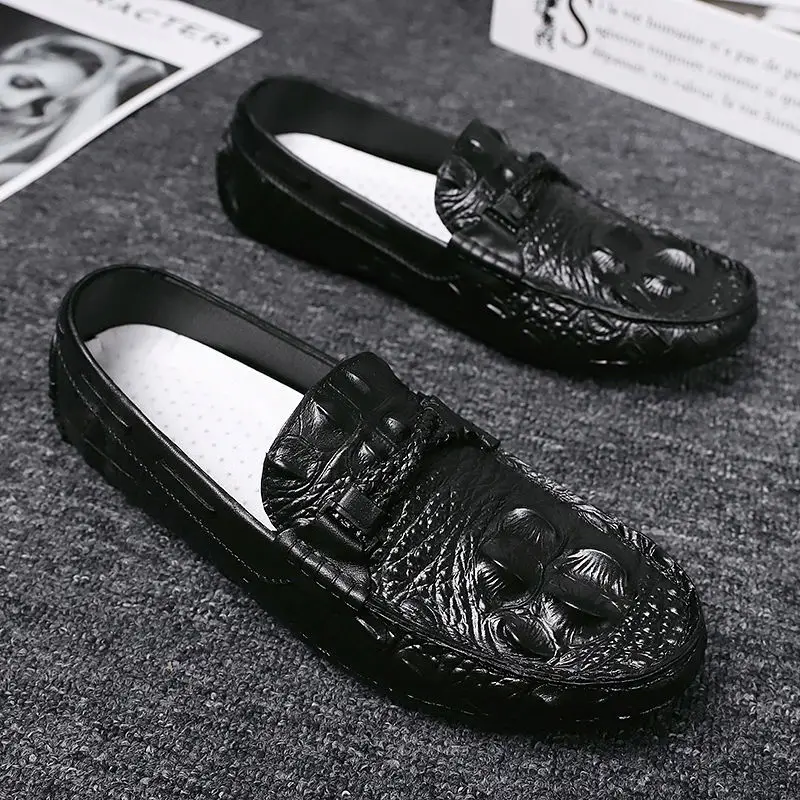 Crocodile Pattern Leather Slip on Mens Casual Shoes Social Spirit Guy Slip-on Mens Flat Loafers Shallow Sneakers for Dad