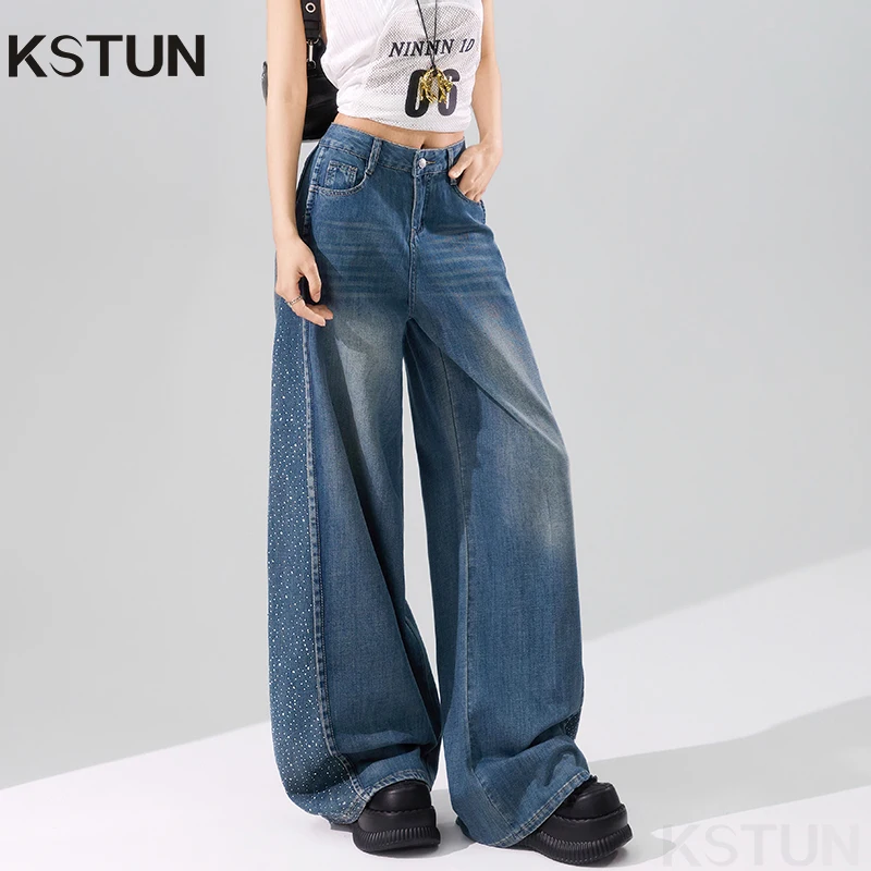 

KSTUN High-waisted Women's Wide Leg Jeans Loose Fit Lyocell Baggy Pants Americian Streetwear Patchwork Hotfix Rhinestones Jeans