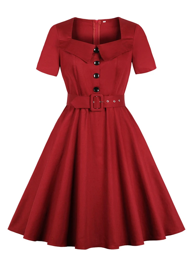 Tonval Pinup Vrouwen Vierkante Kraag Knop Voor Belted 50S Rockabilly Jurk Korte Mouw Zak Elegante Effen Vintage Jurken