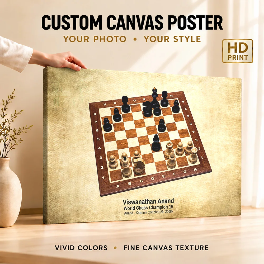 Viswanathan Anand Chess Champion Gallery Wrapped Canvas Print Customized Photo Vintage Annotated Board Wall Art For Game Room