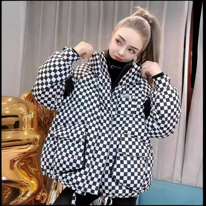 Women\'s Green Checkerboard Down Jacket Winter Oversize Loose Parker Clothes 2024 Korean Thickened Fashion White Duck Puffer Coat