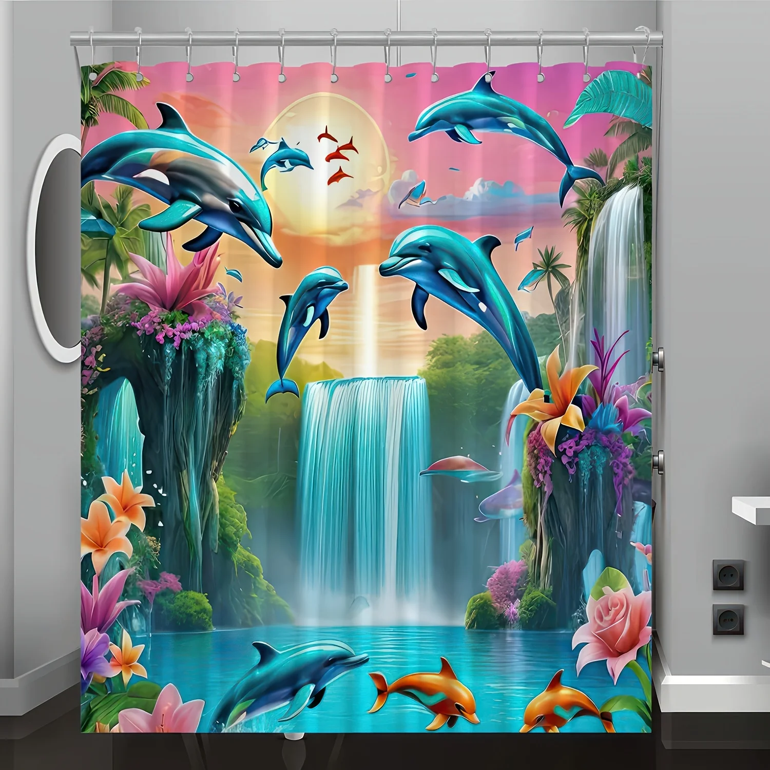 

1pc Dolphin Waterfall Forest Pattern Digital Print Shower Curtain, Bathroom Decor Home Decoration with Free Hooks, Machine Washa