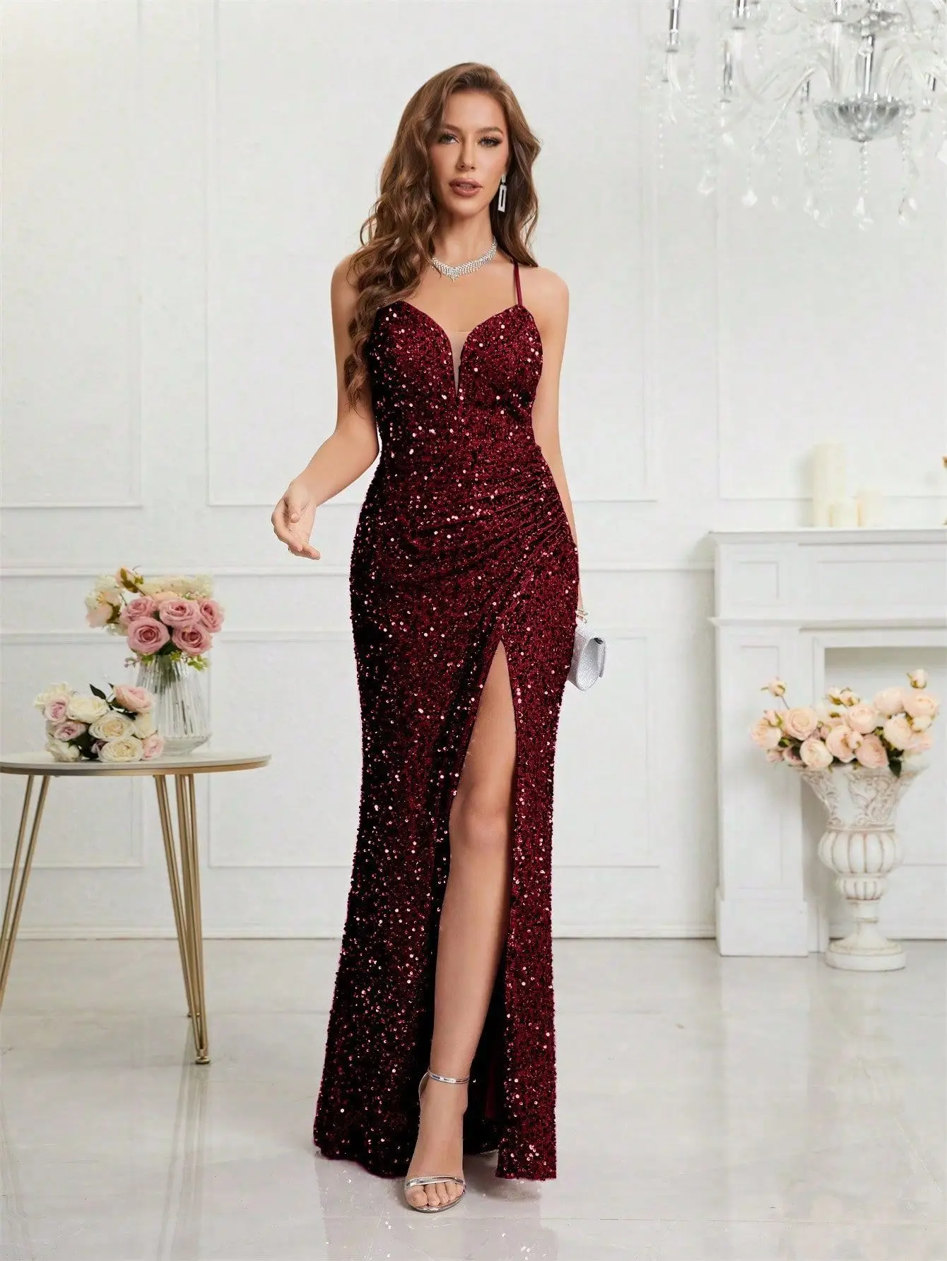 ICCLEK Dress For Wedding Guest Women Split Thigh Elegant Sequined Birthday Dress Burgundy For Women Wedding Party