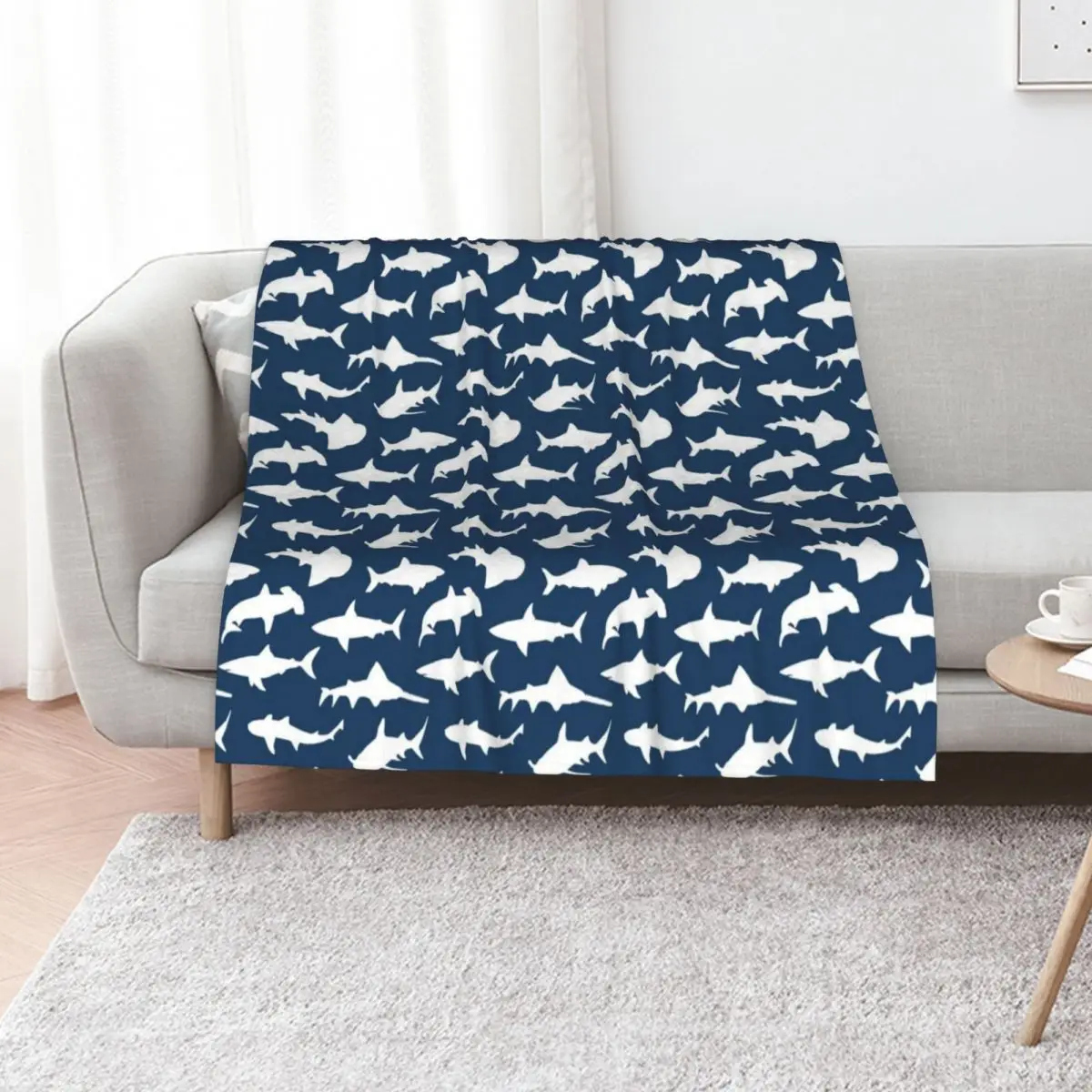 Sharks on Navy Blue Throw Blanket Sleeping Bag Soft Plaid valentine gift ideas heavy to sleep Single cosplay anime Blankets