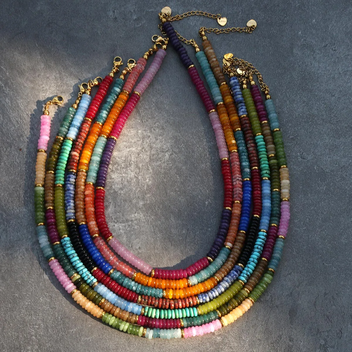 Bohemian Style Colorful Abacus Beads Natural Stone Necklace Stainless Steel Gasket Layered Sweater Chain Fashion Accessory