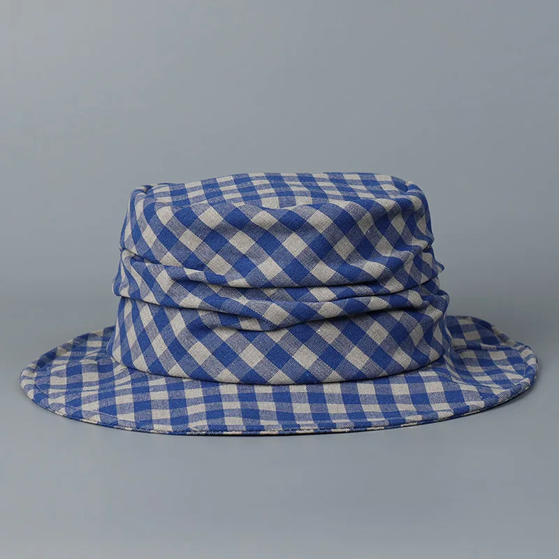Unisex Summer Cotton Plaid Wide Brim Bucket Hat Fashion Breathable Sun Hat Blue Check Fisherman Cap Girl Outdoor Casual Style