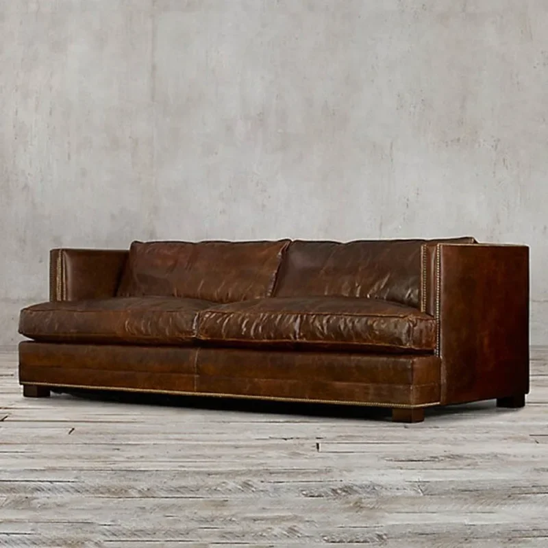 American light luxury pull-up sofa, retro leather art leather living room, oil wax leather medieval single person