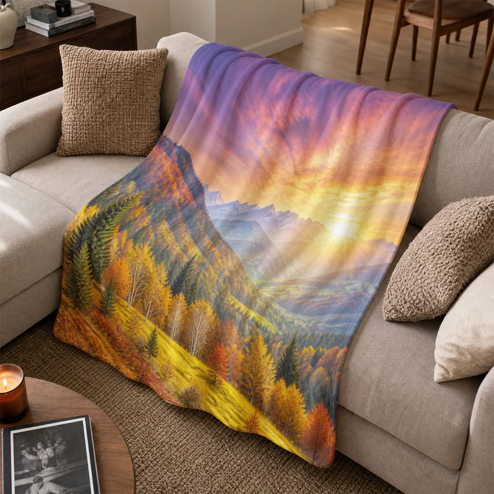Decorative Autumn Fall Landscape Throw Blanket for Sofa Couch Decor Cozy Sunset Mountain View Print Living Room Home Accent Gift