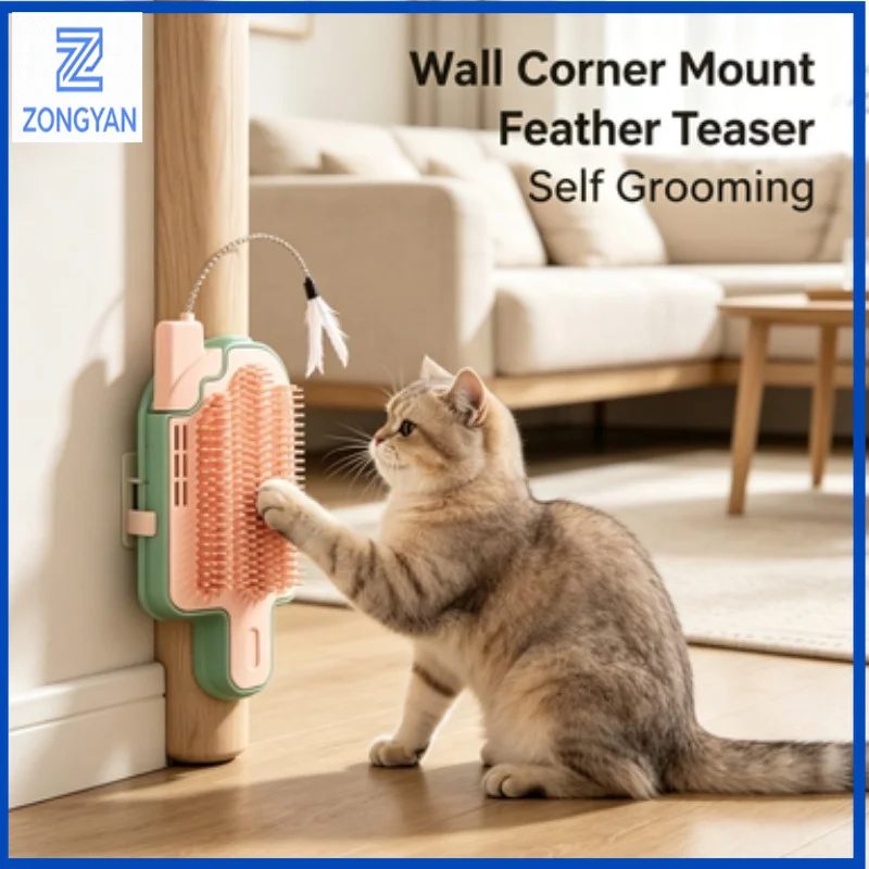 ZONGYAN Wall Mount Cat Scratcher Toy Feather Teaser Self Grooming Rubbing Device For Kitten Daily Play Itching Relief table leg
