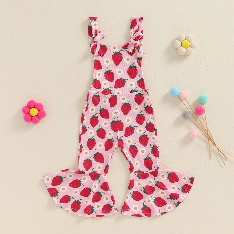 Toddler Floral Flare Leg Jumpsuit Baby Girl Bell Bottom Romper Strawberry Suspender Overall Kids Sleeveless Playsuit