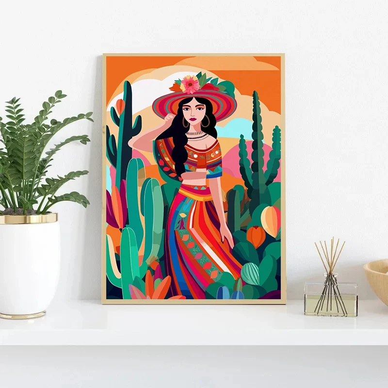 1pc frameless Canvas Painting Woman Flower Plants Ethnic Latinx Poster Print Canvas Painting Latina Eclectic Maximalist Wall Art