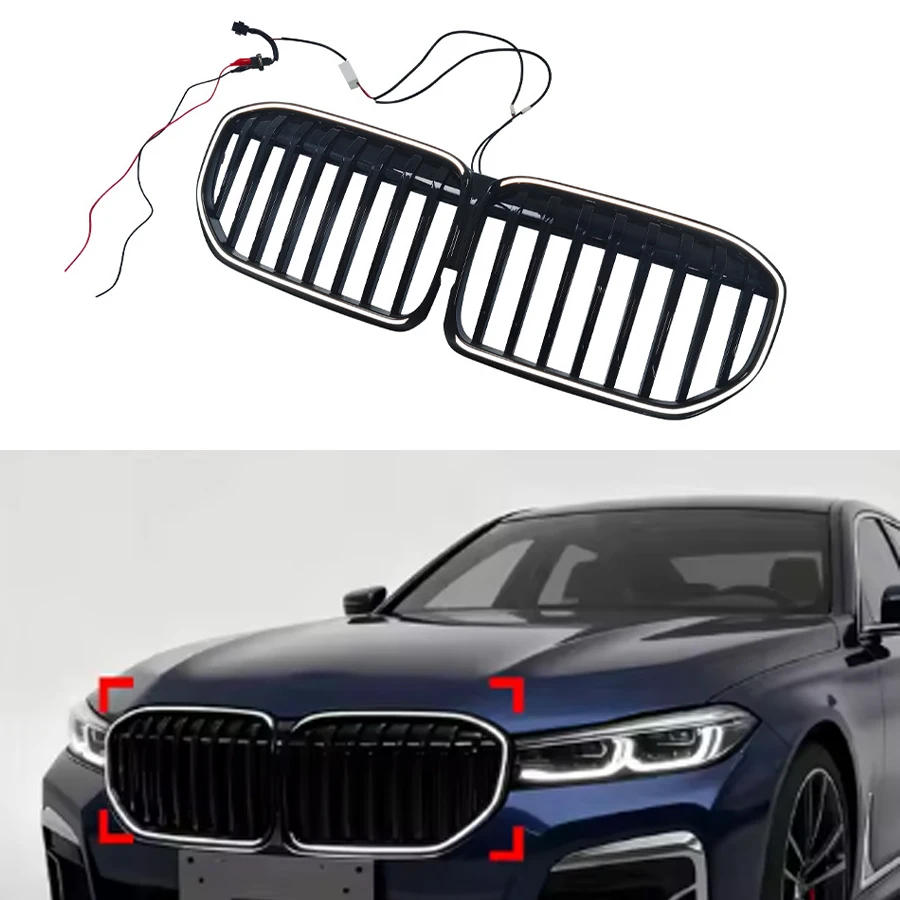 Auto-Frontgrill mit LED-Beleuchtung für BMW 7er Serie G11 G12 LCI 2019 2020 2021 2022 Karosserie-Tuning Hochglanz Schwarz