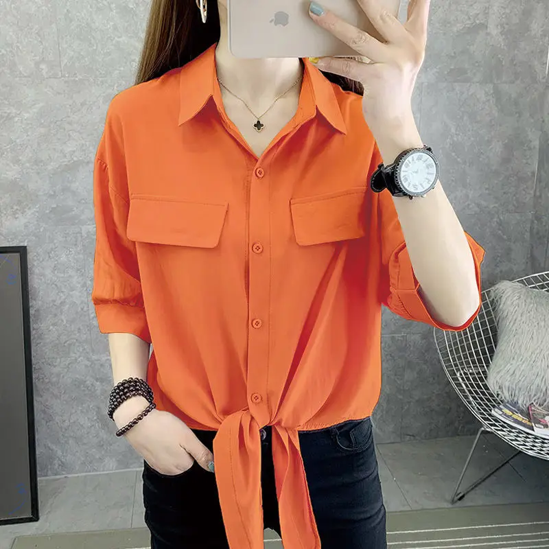 Fashion Lapel Spliced Pockets Button Oversized Bandage Chiffon Shirt 2022 Summer New Commute Tops Loose Casual Women\'s Blouse