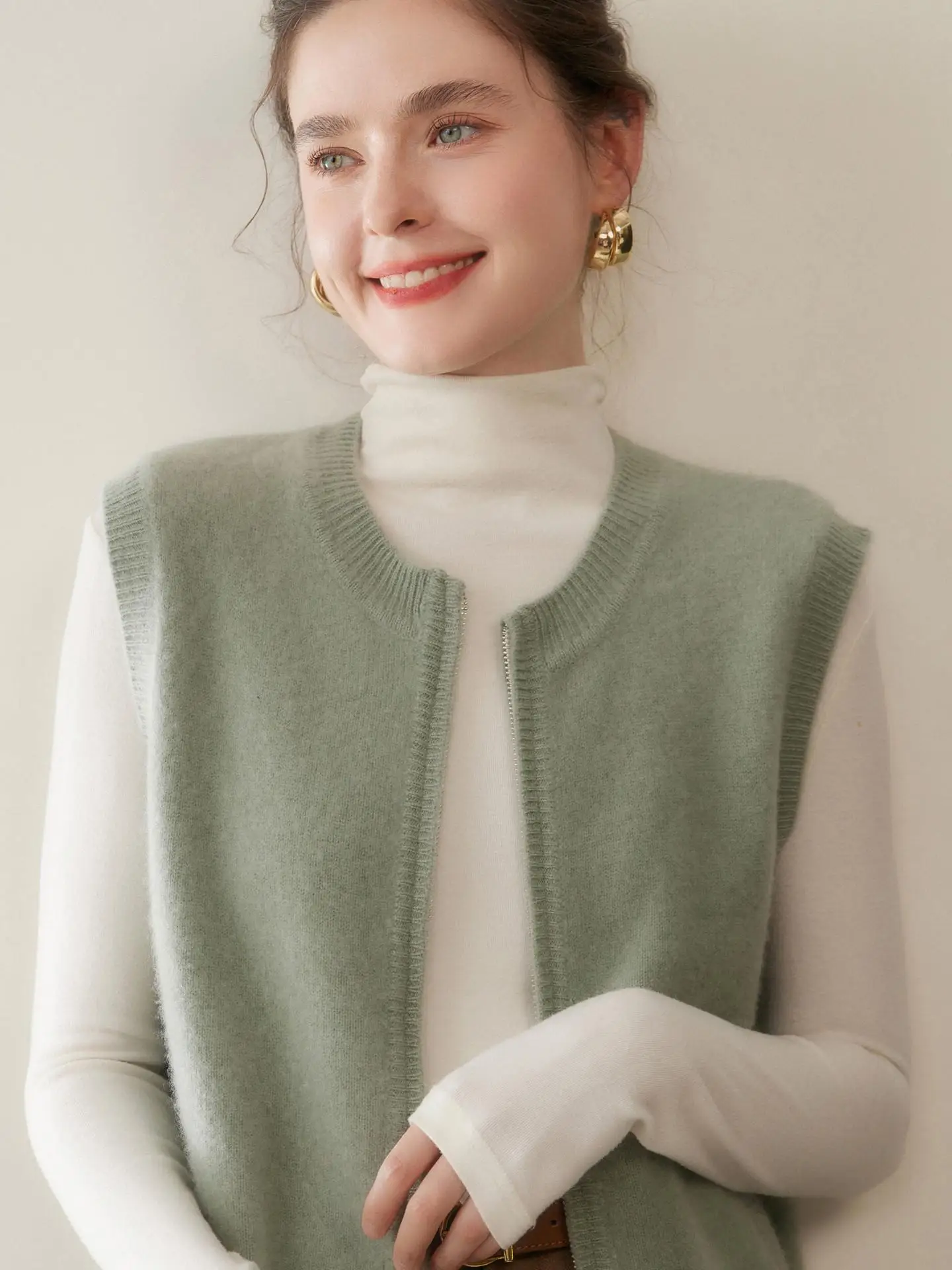 

Вязаный жилет-топ Baby Goat Camere на молнии с круглым вырезом, верхняя одежда для женщин, осень-зима, новинка, теплый и стильный