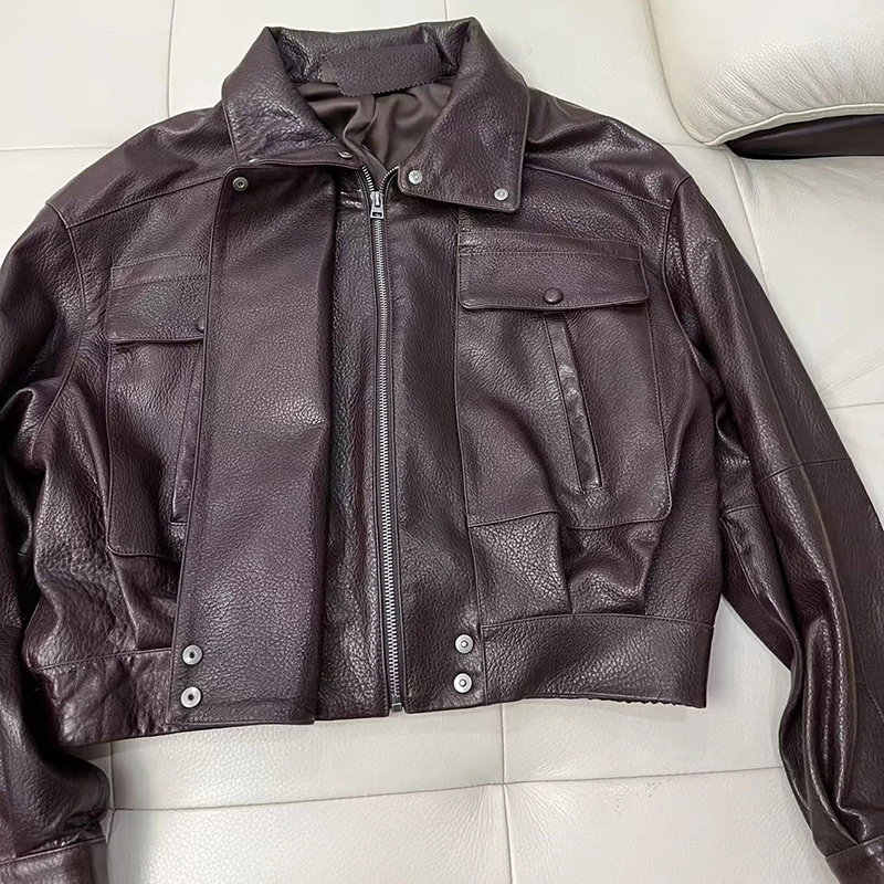 

2026 Women's Winter Sheepskin Coat Imported Sheep Bubble Leather Female Burgundy Lapel Zipper Motorcycle Jacket Chaquetas
