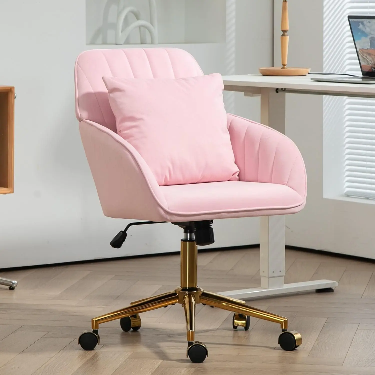 Modern Office Desk Chair With Back & Wheels For Makeup Room, Vanity Chair With Gold Legs & Pillow In Velvet, Home Computer