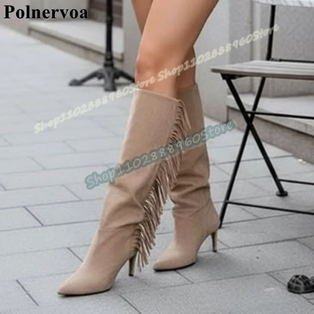 

Occidental Knee High Khaki Suede Tassels Boots Thin High Heel Shoes For Women Slip On Pointed Toe Stylish Zapatos Para Mujer