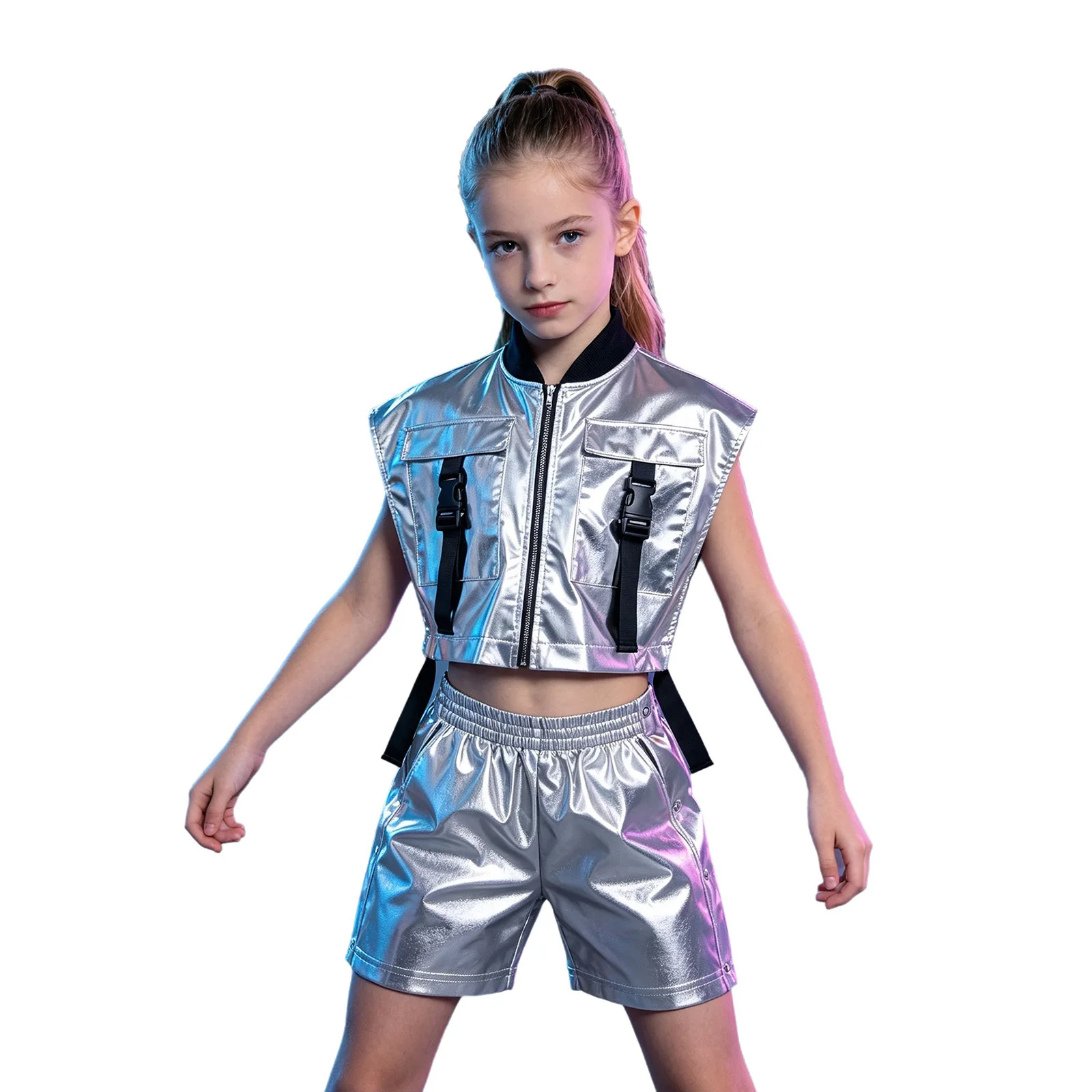 Girls Hip Hop Jazz Dance Costume Sleeveless Zipper Metallic Crop Tank Top Vest Tear-away Side Press Buttons Shiny Shorts Set