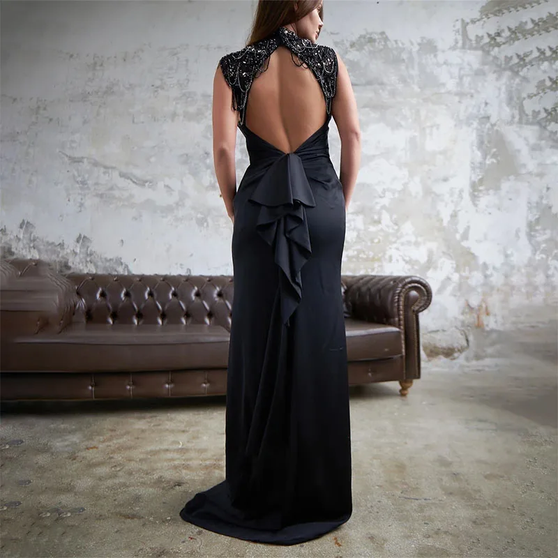 Gaun malam leher tinggi, Gaun malam Formal Backless gaya Modern manik-manik untuk pesta Prom