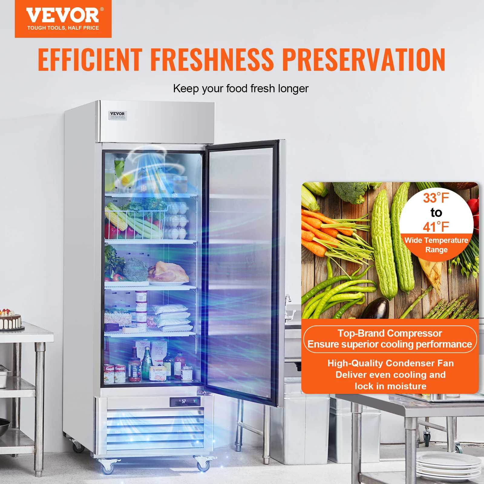 VEVOR Commercial Refrigerator 19 Cu.ft, Reach In Upright Refrigerator Single Door, Auto-Defrost Stainless Steel Reach-in Cooler