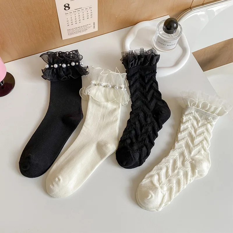 French Sweet Style Decorative Shoe Insoles Wpmem Spring Summer Cotton Organza Wooden Ear Pearl Lace Mid‑Tube Foot