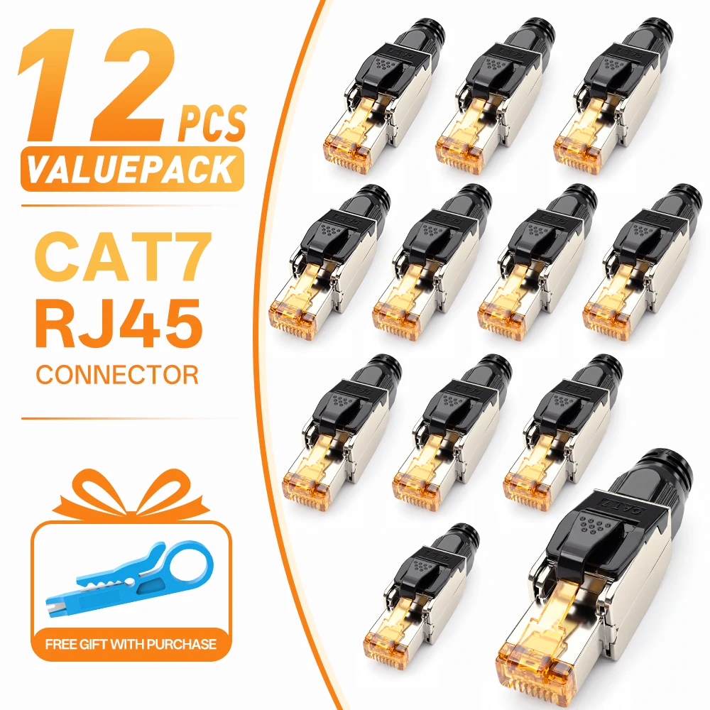 BYXGD 12Pcs CAT7 RJ45 Connector Reusable Tool‑Free Shielded Network Plug 50U Gold‑Plated Contact for Router Switch LAN Cable
