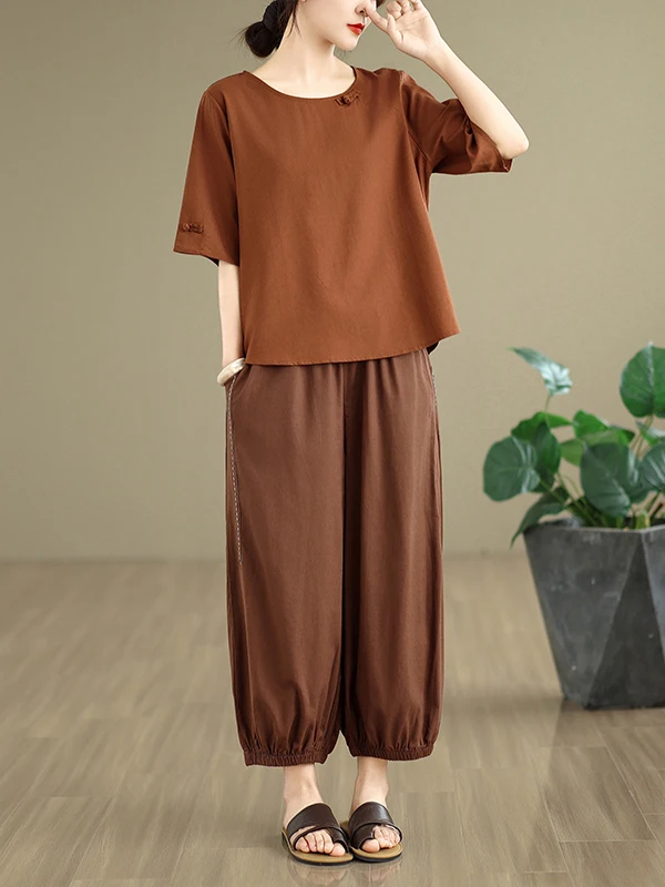 レトロなコットンリネンファションセット、ボタンデザイン、またはSve T-irt、伸縮性ウエスト、九分丈ハーランパンツ、カジュアルツーピースセット
