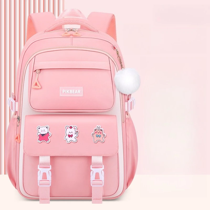 1pcs White Contrast Waterproof Oxford Backpack 2026 Cute Bear Badge Large Capacity School Bag For Teenagers Daily Study Use