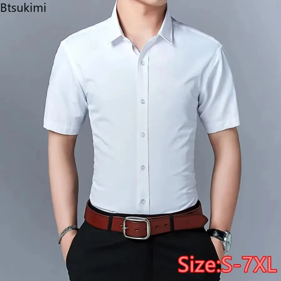 قمصان رجال الأعمال عادية كم قصير الصلبة فستان نحيل قمصان الكورية زر حتى التلبيب بلوزة الرجال قمصان رسمية حجم كبير 7XL #1
