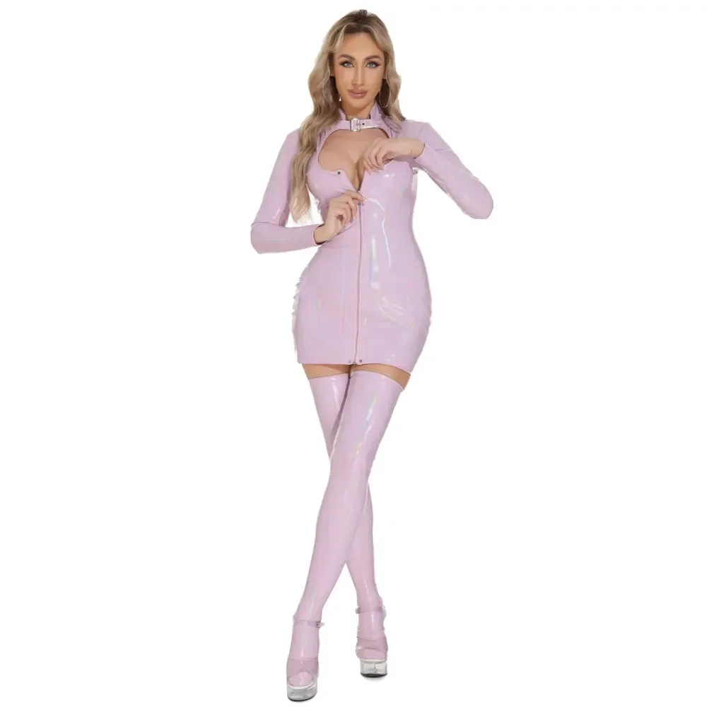 أنثى مثير لامعة بولي Leather فستان جلد المرأة فستان من الجلد الإناث الثدي تعريض نظرة الرطب اللاتكس المثيرة فستان قصير