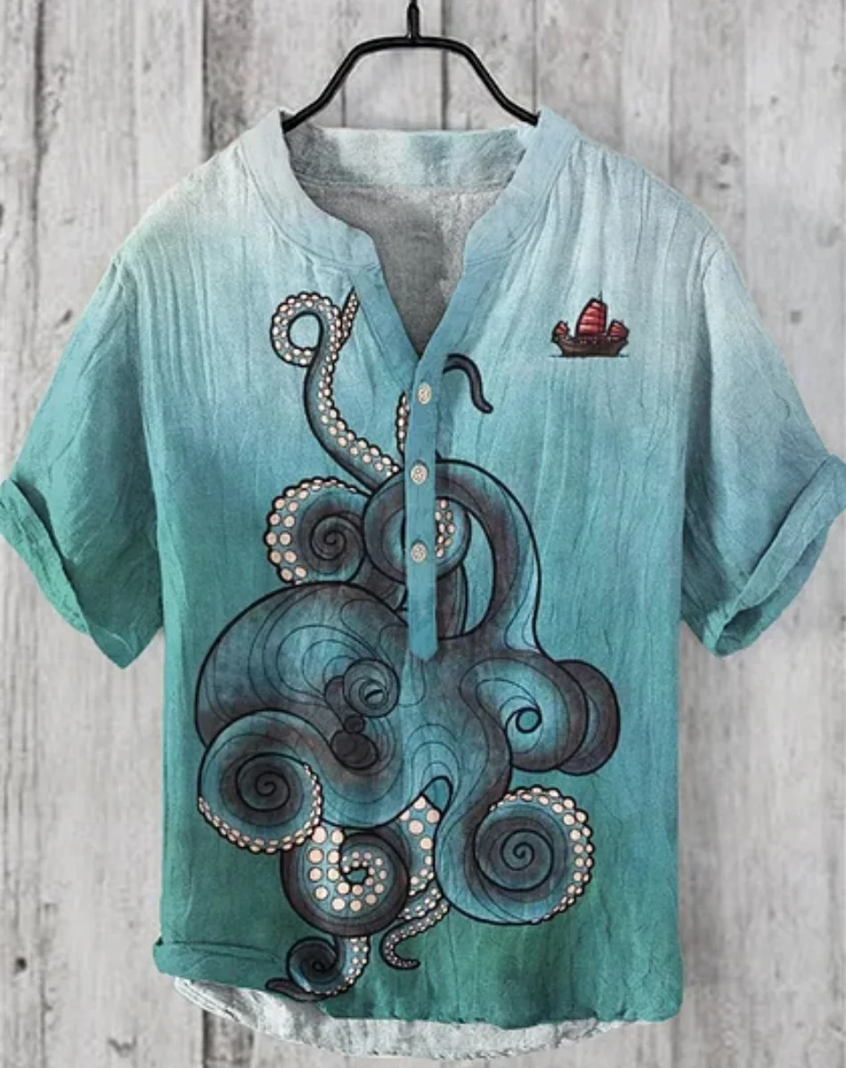 メンズシャツエスニックスタイル 3D 印刷メンズファッションプラスサイズボタンスタンドカラー半袖シャツ紳士服ハワイファスト d