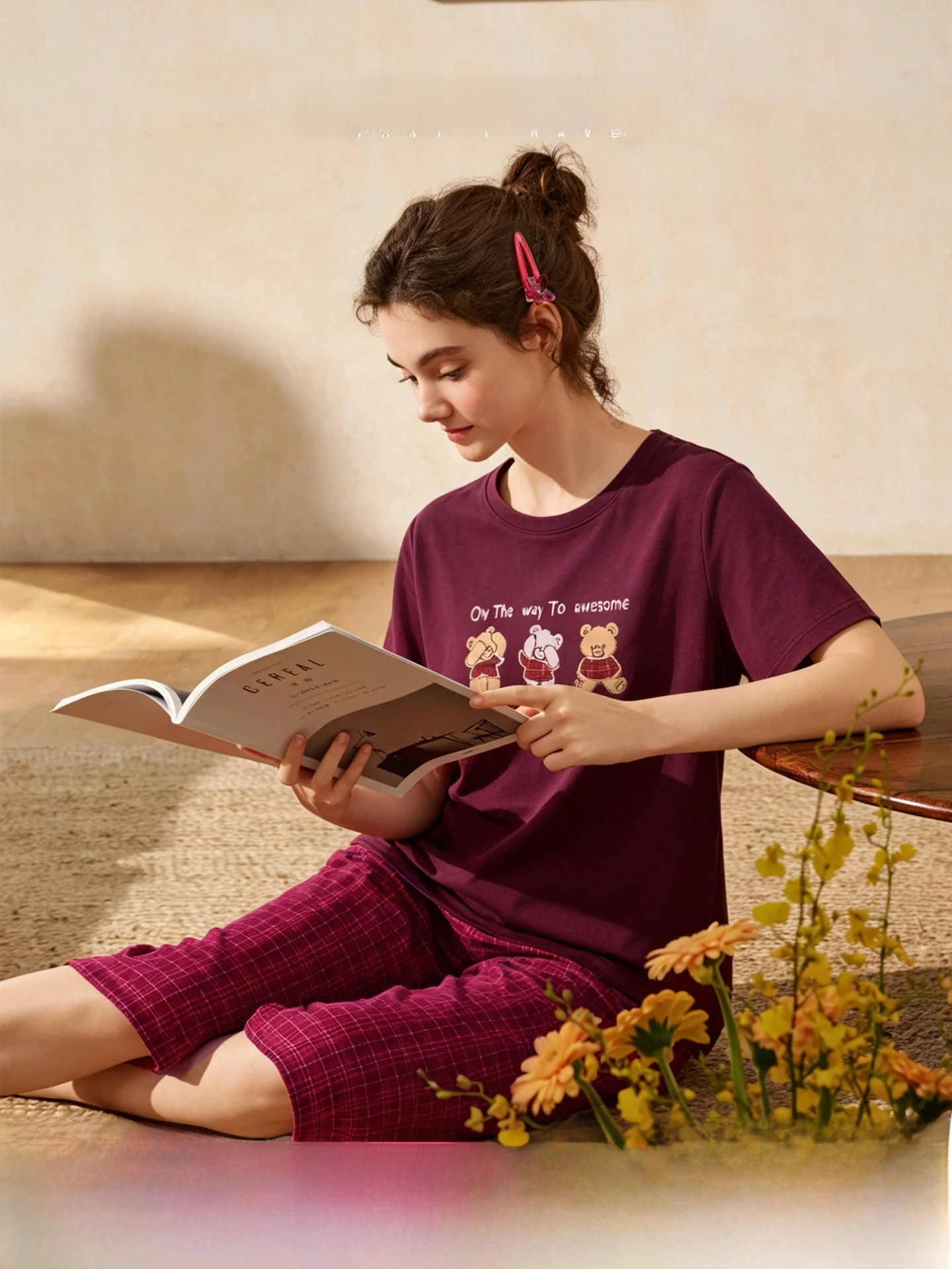 autumn-deer-short-sleeve-seven-foot-pants-cartoon-cute-style-sleepwear-summer-home-clothes-set-round-neck-overhead-pure-cotton