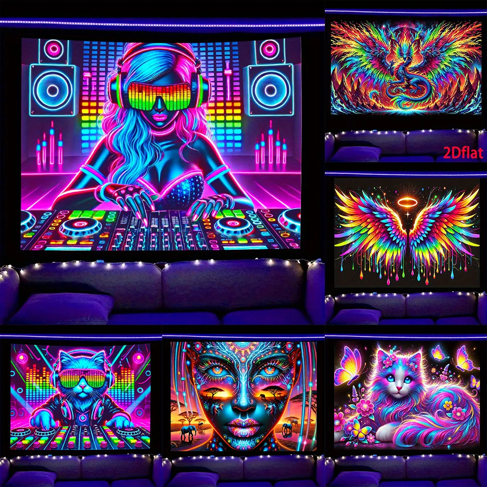 Tapiz Fluorescente Neon Fluo: Música y Animales, tapiz luminoso con luz UV, ideal para decoración del hogar.