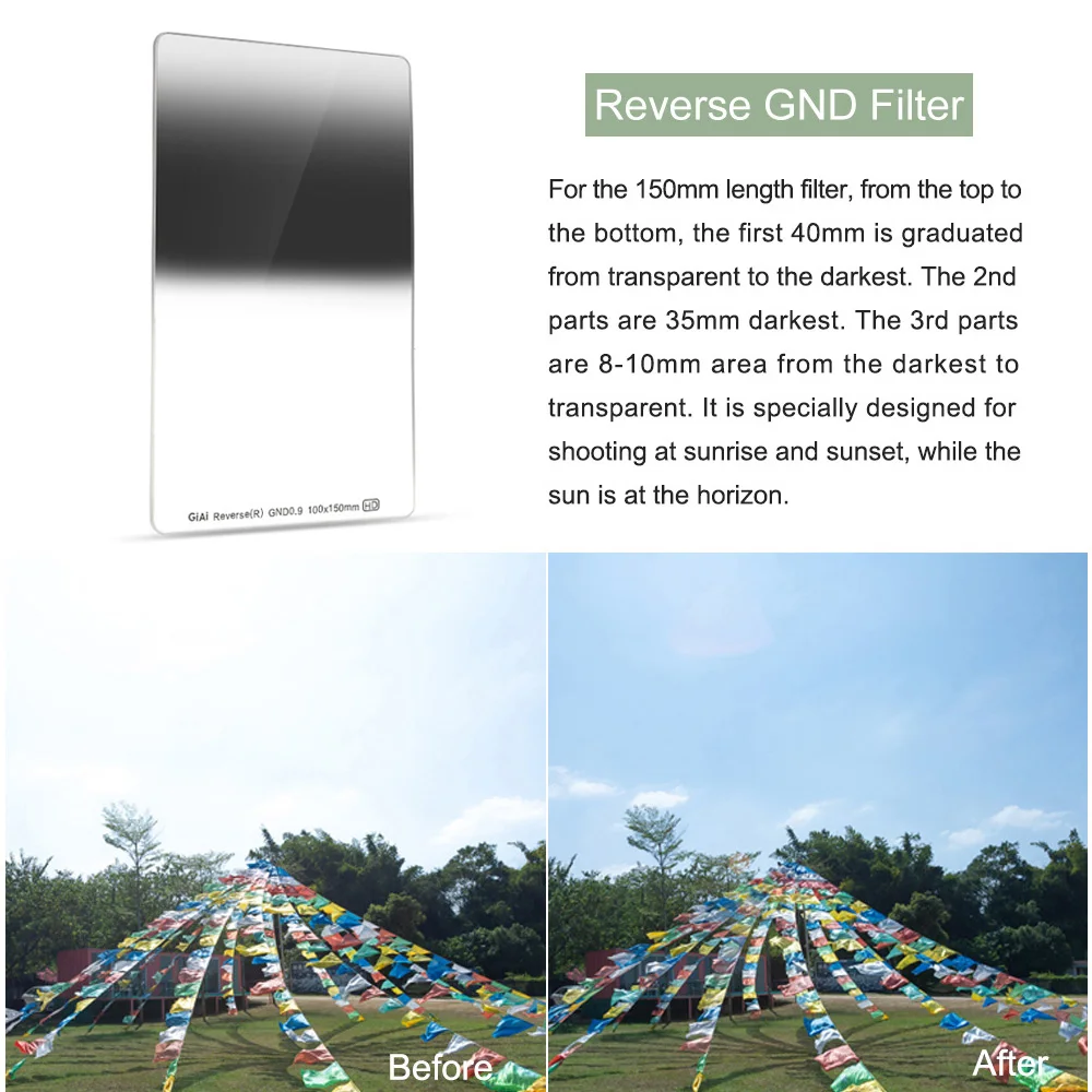 GiAi Reverse GND Filter Little Reflection 100x150mm 150x170mm Graduated Neutral Density Camera Lens