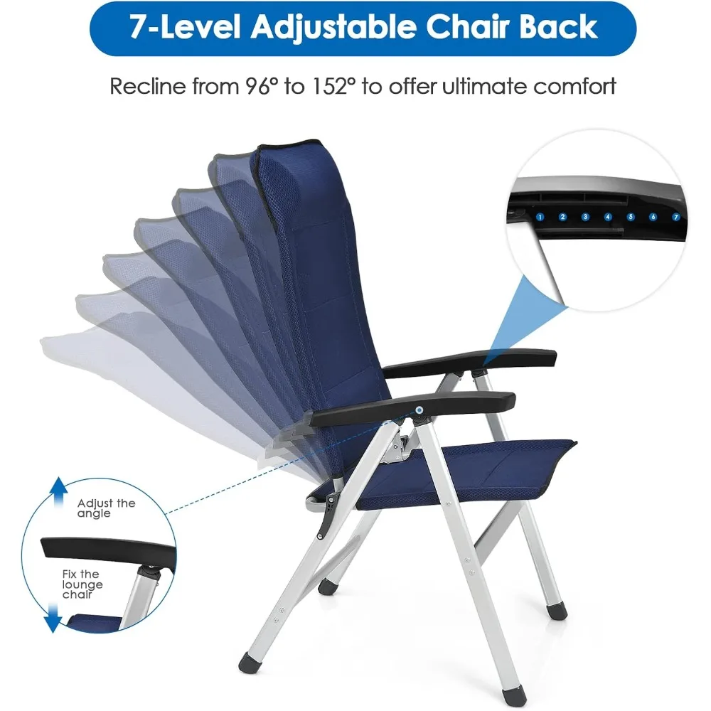 Conjunto de 2 cadeiras dobráveis para pátio, reclináveis com 7 posições ajustáveis e apoios de cabeça acolchoados, ideais para uso ao ar livre
