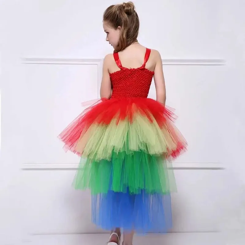 Rainbow Macaw Parrot Costumes for Girls High Low Tropical Jungle Animal Fancy Dress with Long Layered Train & Feather Headband