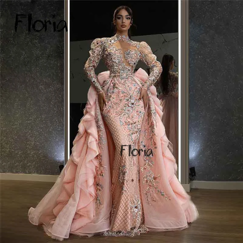 Glitter Muslim Evening Dress With Pink Detachable Train Dubai Long Sleeve Ruffles Celebrity 2024 Luxury Wedding Party Gowns