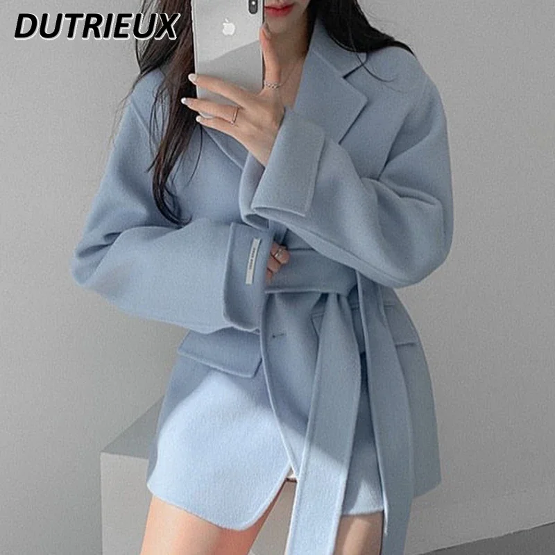 Coreano Chic otoño temperamento Blazer chaqueta con cuello diseño de bolsillo con cordones cintura fina abrigo de lana de manga larga para mujer