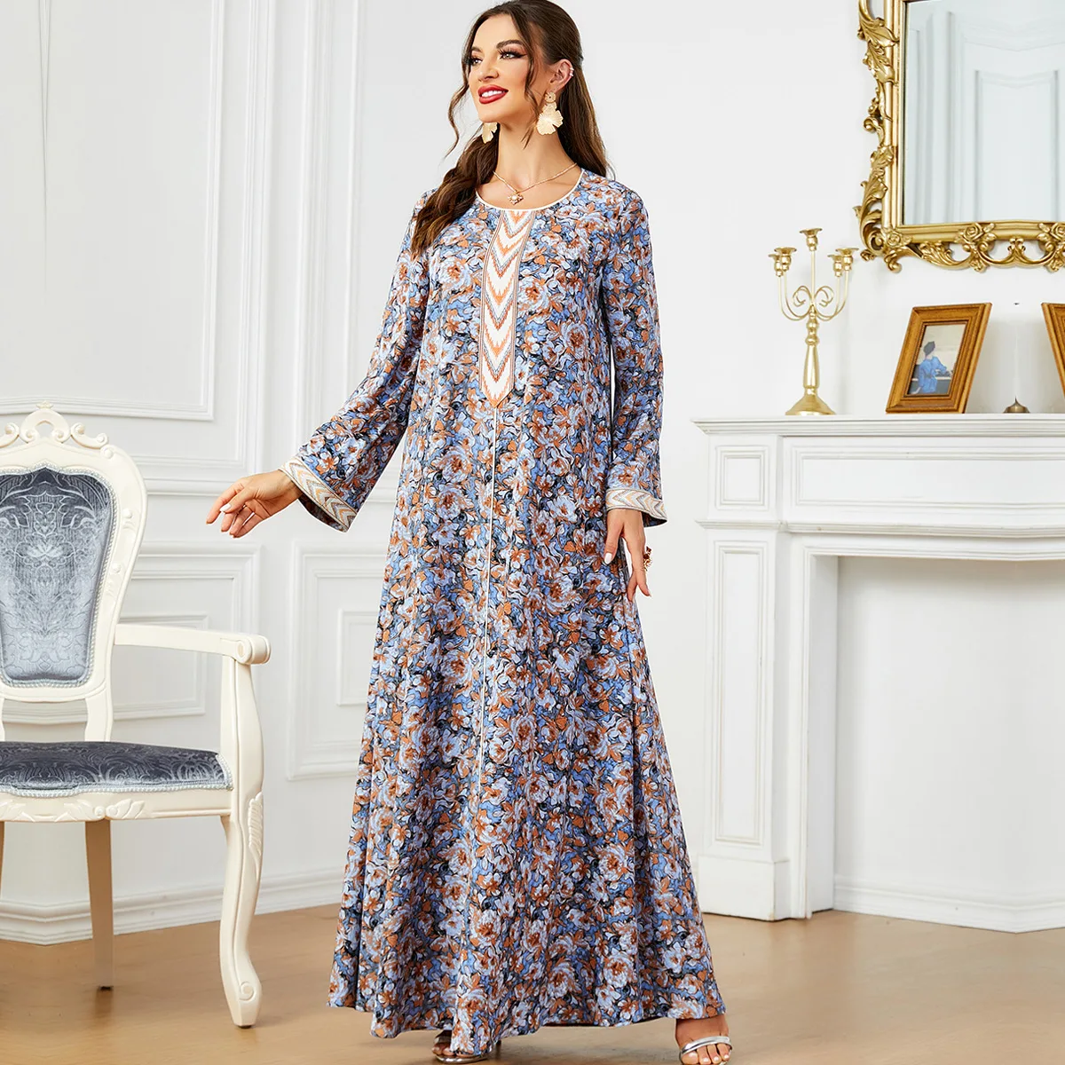 Muçulmano árabe floral impressão vestido longo turquia saudita kaftan dubai abaya marrocos jalabiya islâmico femme musulman eid djellaba vestido