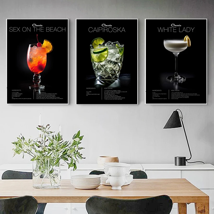 Classic Cocktails Poster Caipiroska,Margarita,Gin,Mojito Drinks Canvas Painting Print Wall Art Pictures Home Coffee Bar Decor