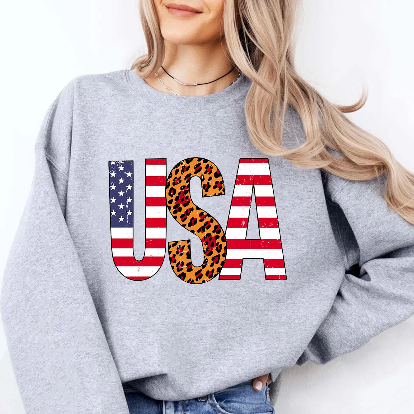 

Women Stylish USA Print Round Neck Sweatshirt Casual Pullover With Durable Perfect For Everyday Wear
