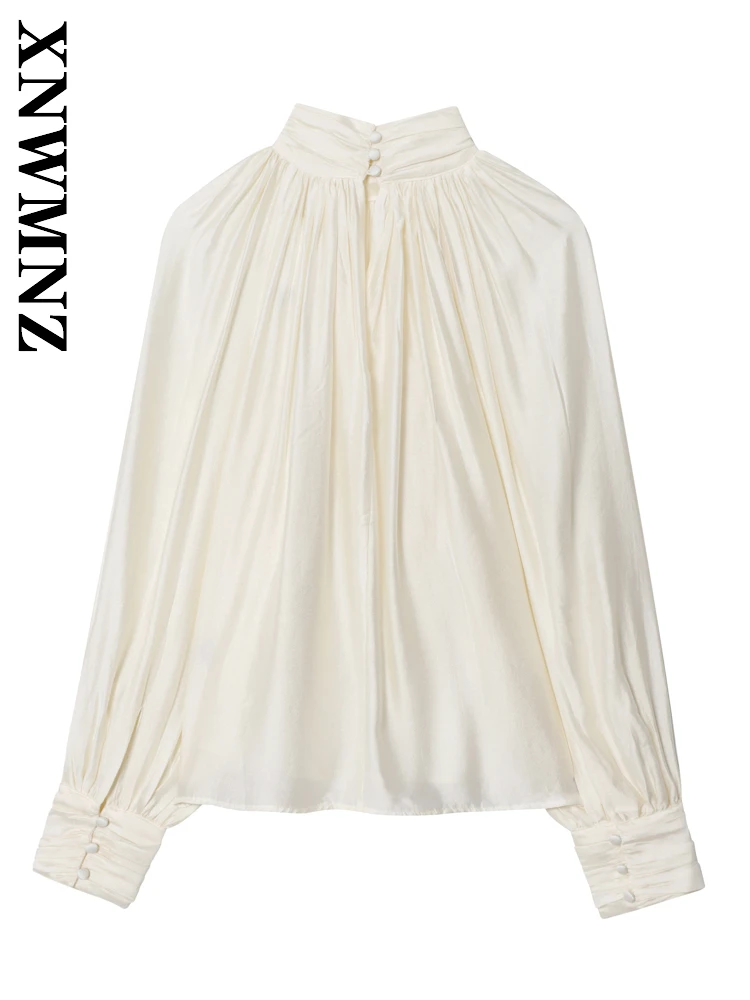 Xnwmnz 2025 outono nova senhora viajando moda manga longa gola rugas manga longa topo vintage chique mulher simples topo