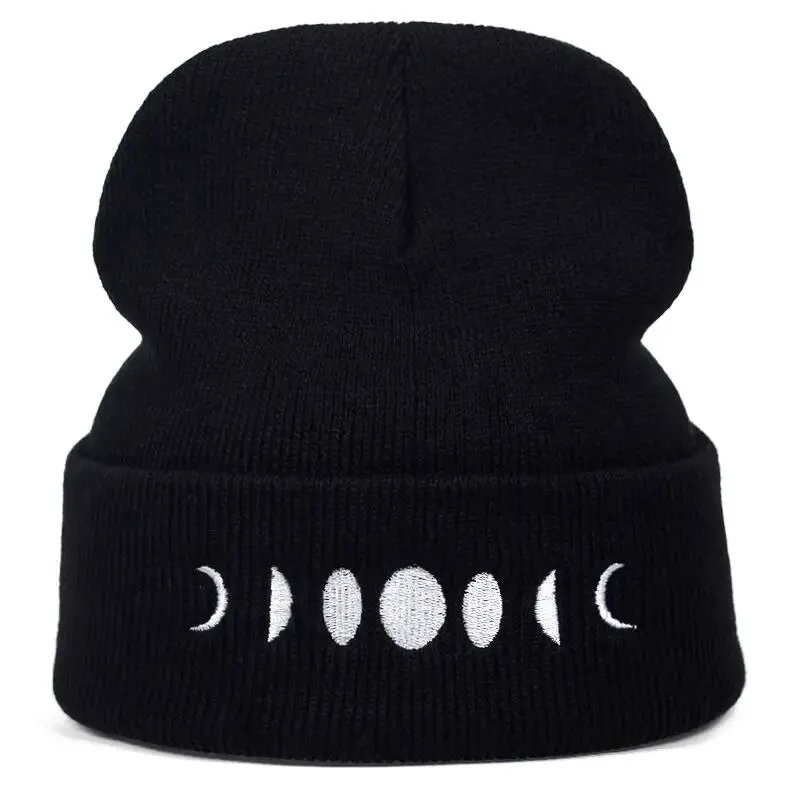 Unisex Lunar Eclipse Embroidery Beanies Autumn Winter Warm Hat Hip Cap Beanie Hat Caps for Women Men