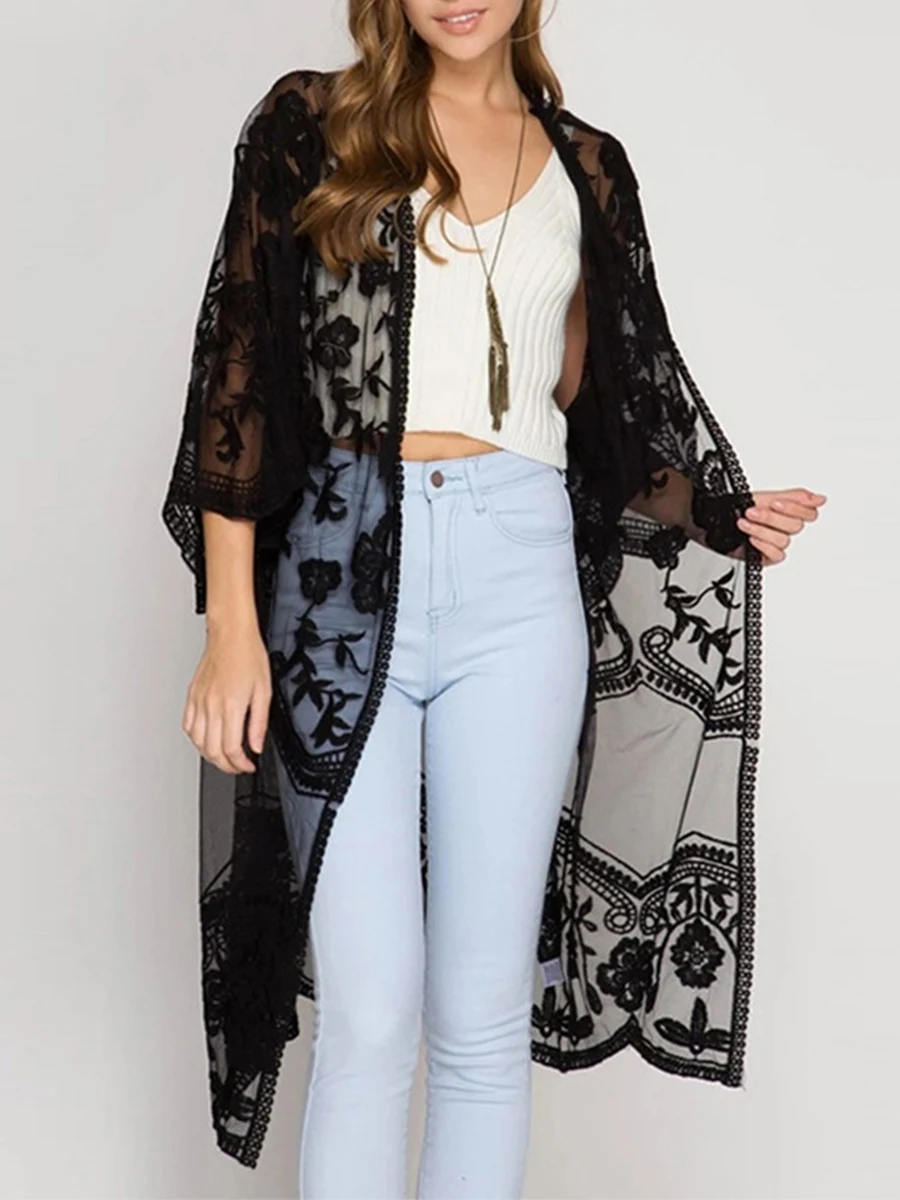Women Beachwear Cardigan Solid Color 3/4 Sleeve See-Through Embroidery Flower Beach Dress For Women Summer Holiday Cover-Up
