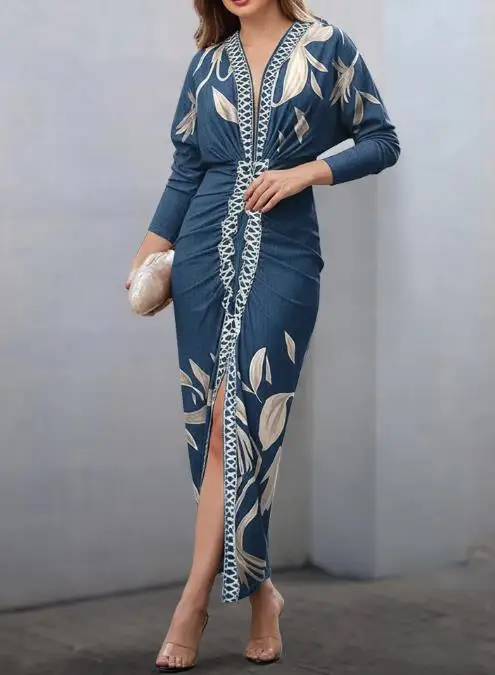 

Slim Fit Women's Dress, Elegant In Spring and Summer, Deep V-Neck Flower Print, Pleated Slit, Tight Fitting Hip Hugging Dress