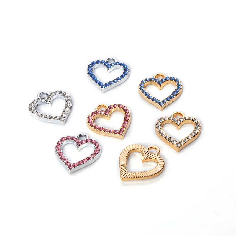 10Pcs/Lot Silver Plated Pink Crystal Heart Charm Pendant for Jewelry Making Earrings Bracelet Necklace Accessories DIY Findings
